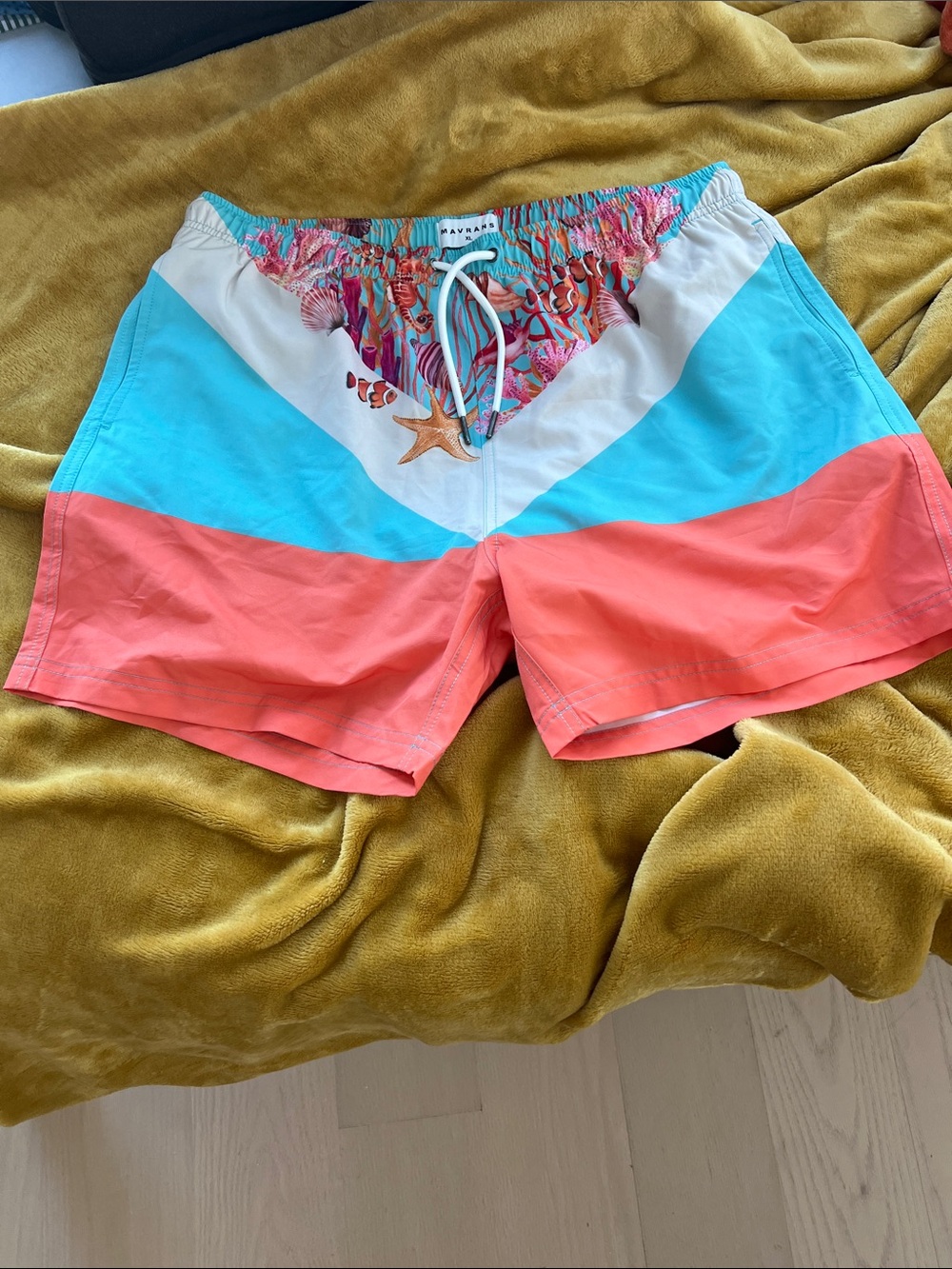 Coral & Teal Colorblock Swim Shorts with Seashell Detail, Mesh Liner